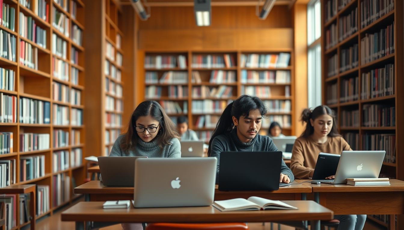 Students studying together in modern classroom
